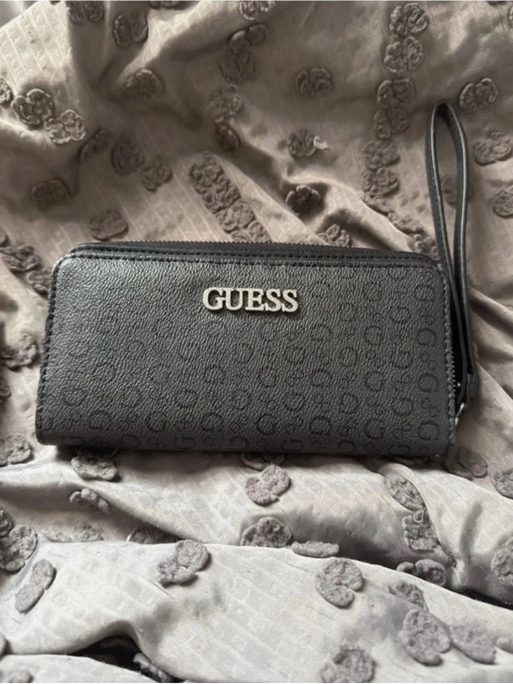 Guess Black Logo Zip-Around Wristlet Wallet with Monogram